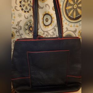 J Crew 100% Leather All Day Tote Bag Blue Pebbled Leather Purse Red Trim